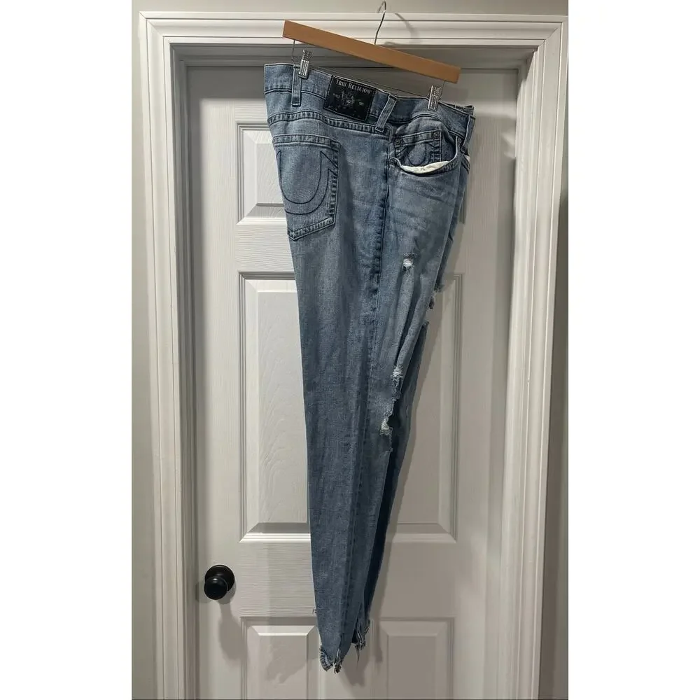 True Religion Rocco Relaxed Skinny Jeans Mens 44x33 Light Wash Distressed Denim